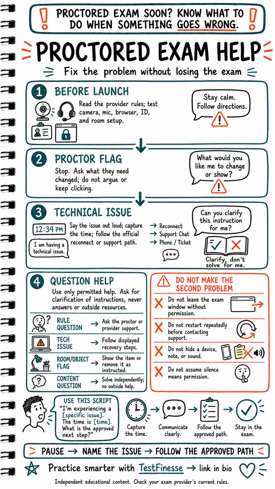 Hand-drawn proctored exam infographic explaining what to do before launch, after a proctor flags an issue, during technical problems, and when help is permitted.